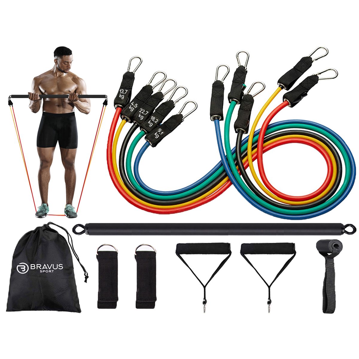 Kit Tubing Pro Elástico Extensor 68kg com Barra de Exercícios  Bravus Sport