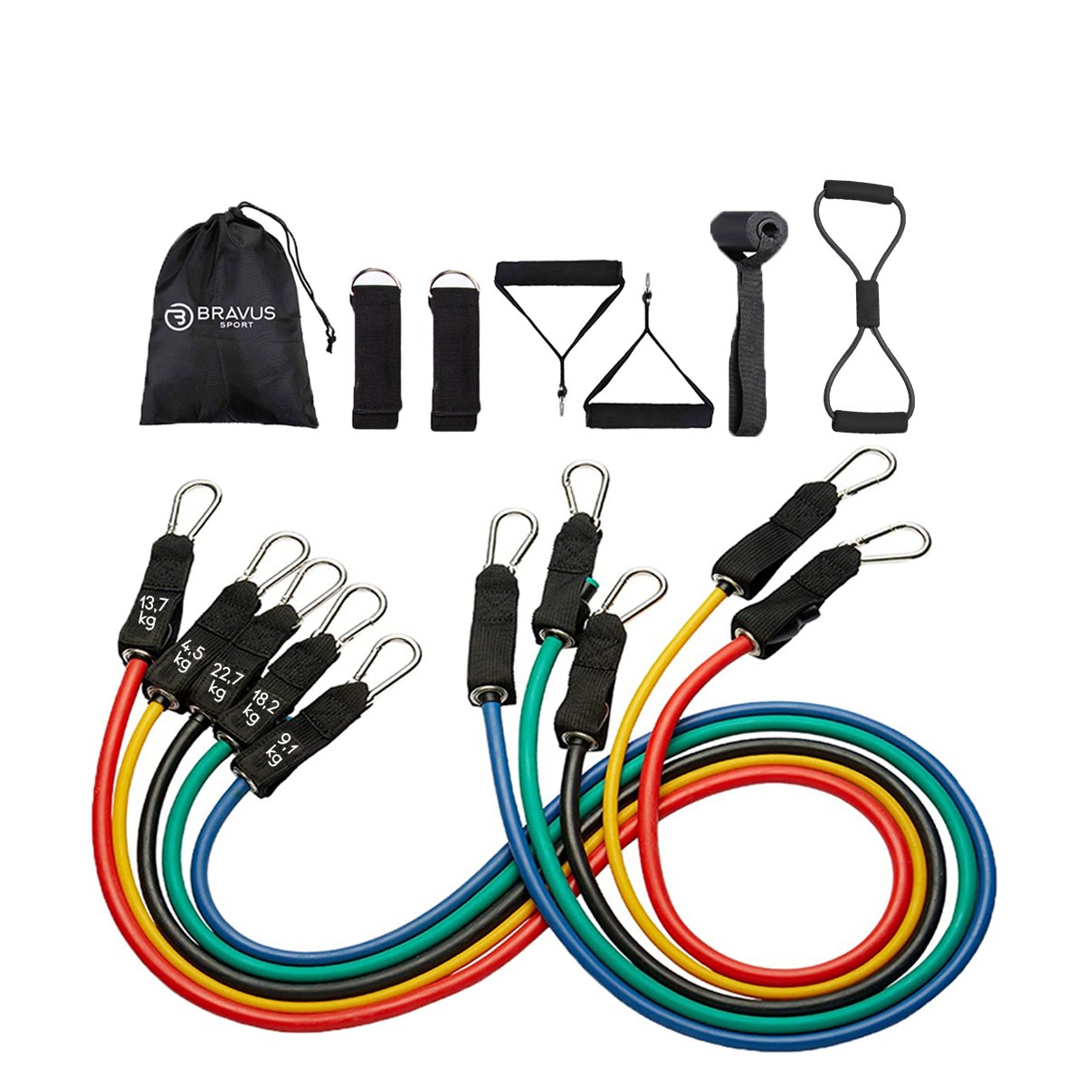 Kit Tubing 68kg Elástico Extensor Bravus Pro 12 Peças