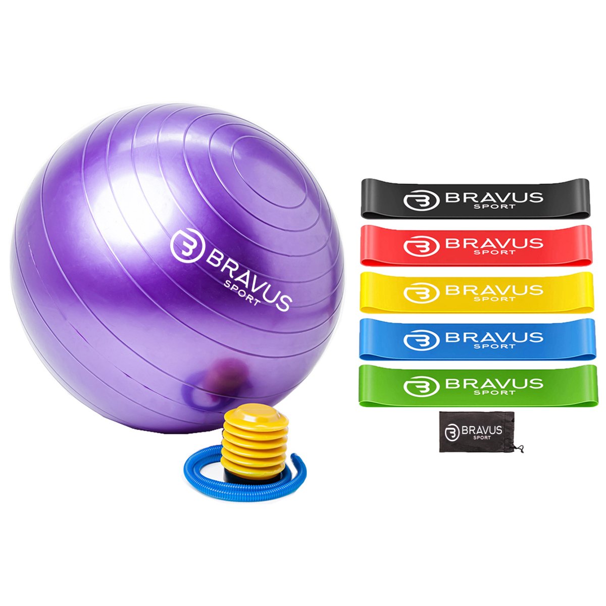 Bola Suiça 65cm com Bomba de Ar e 5 Mini Bands com Sacolinha Pilates Exercício