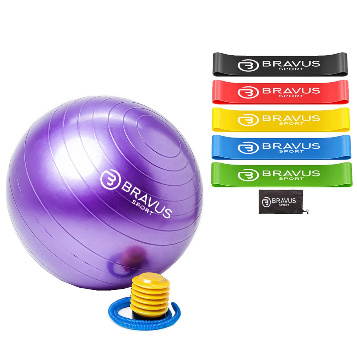 Bola Suiça 55cm Anti Estouro com Bomba de Ar e Kit 5 Mini Bands Bravus Sport